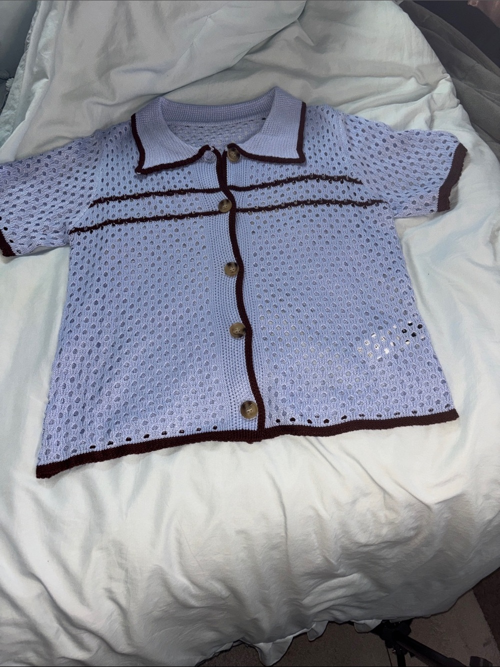 SHEIN Blue Open-Knit Button-Down Cardigan with Brown Trim